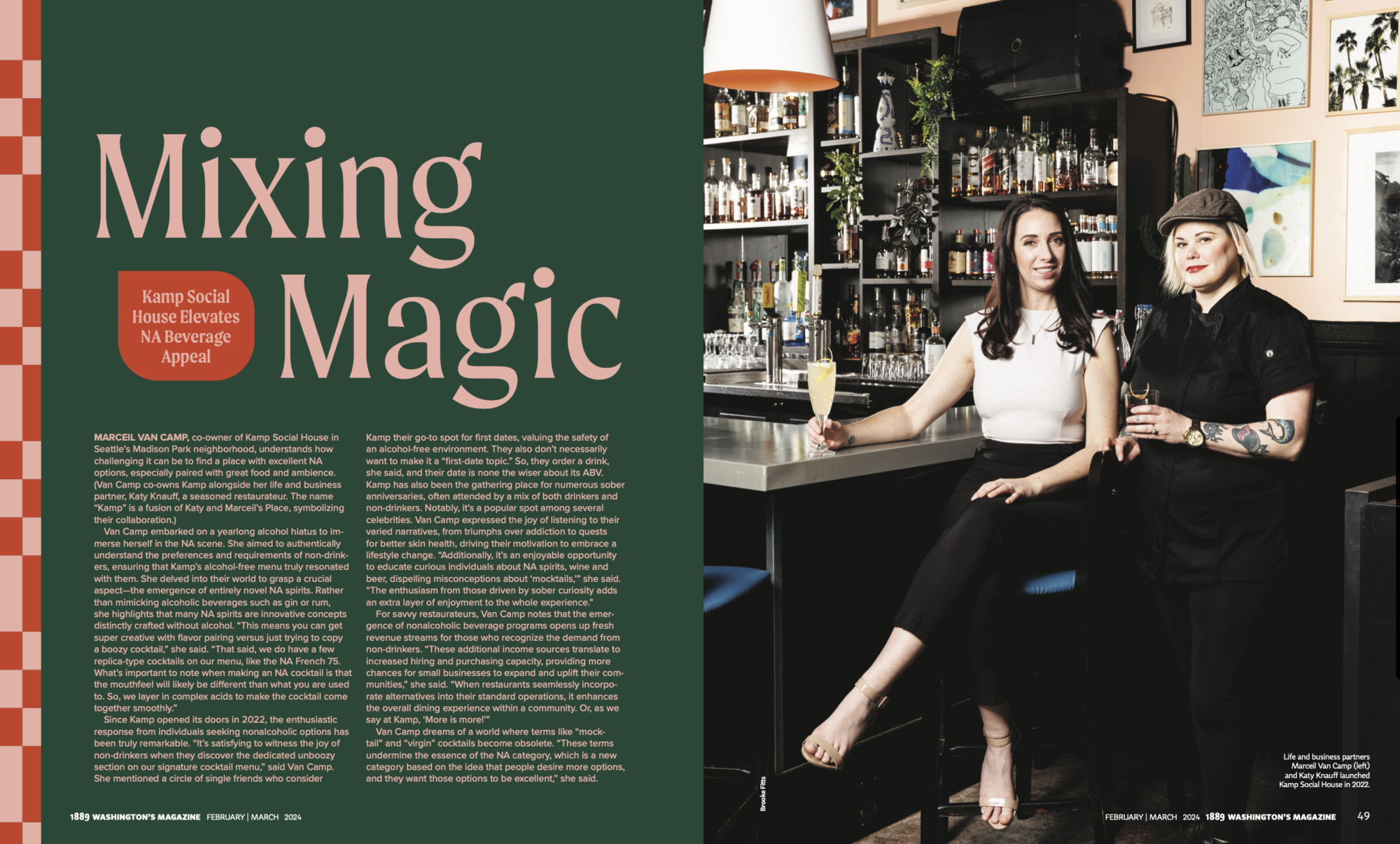 Seattle's best commercial food and hospitality photographer Two women pose confidently in a stylish bar. Captured by Seattles best commercial food lifestyle photographer, one sits on the counter holding a cocktail; the other stands beside her in black and a cap, with shelves of bottles and glasses behind them. captured by seattle's best food and lifestyle photographer Brooke Fitts